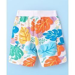 Babyhug Terry Knit Mid Thigh Shorts With Leaf Print - White