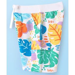 Babyhug Terry Knit Mid Thigh Shorts With Leaf Print - White
