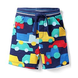 Babyhug Terry Knit Mid Thigh Shorts With Car Print - Navy Blue