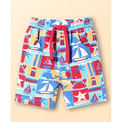 Babyhug Terry Knit Mid Thigh Shorts With Beach Theme Print - Light Blue