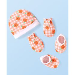 Babyhug 100% Cotton Knit Checkered Cap Mittens & Booties Set with Orange Print White - Diameter 10 cm