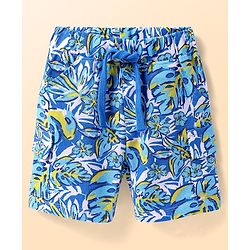 Babyhug Cotton Pique Knit Mid Thigh Shorts With Leaf Print - Blue