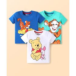 Babyhug Disney Single Jersey Knit Half Sleeves T-Shirts with Winnie & Friends Graphics Pack of 3 - Blue White & Aqua Blue