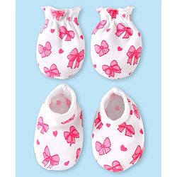 Babyhug 100% Cotton Knit Mittens & Booties Set with Bow & Hearts Print - White