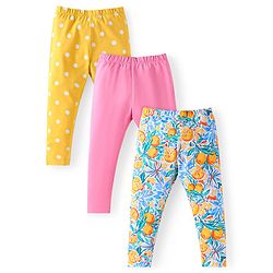 Babyhug Cotton Lycra Knit Full Length Leggings with Polka Dots & Fruits Print Pack of 3 - Mustard Pink & Blue