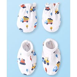 Babyhug 100% Cotton Knit Mittens & Booties Set with Vehicle Print - White