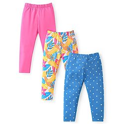 Babyhug Cotton Lycra Knit Full Length Leggings With Polka Dots & Floral Print Pack of 3 - Blue Yellow & Pink