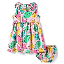 Babyhug Cotton Knit Sleeveless Frock with Boomer & Tropical Theme Print - Pink