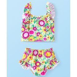 Babyhug Frill Sleeves Water Repellent Two Piece Swimsuit with Floral Print - Multicolor