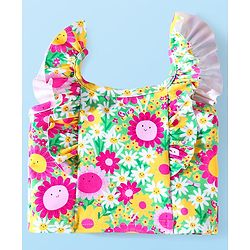 Babyhug Frill Sleeves Water Repellent Two Piece Swimsuit with Floral Print - Multicolor