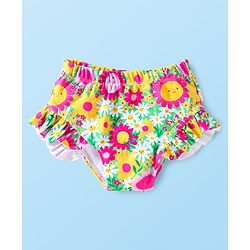 Babyhug Frill Sleeves Water Repellent Two Piece Swimsuit with Floral Print - Multicolor