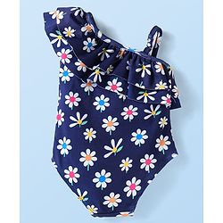 Babyhug One Shoulder Frill Sleeves Water Repellent V Cut Swimsuit with Floral Print - Navy Blue