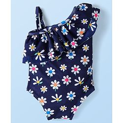 Babyhug One Shoulder Frill Sleeves Water Repellent V Cut Swimsuit with Floral Print - Navy Blue