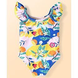 Babyhug Frill Sleeves Water Repellent V Cut Swimsuit with Floral Print - Pink