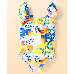 Babyhug Frill Sleeves Water Repellent V Cut Swimsuit with Floral Print - Pink