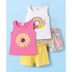Babyhug 100% Cotton Single Jersey Knit Sleeveless Tank Top & Shorts Set With Floral Print Pack Of 2 - Yellow & Pink