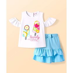 Babyhug Single Jersey Knit Cold Shoulder Ice Cream Print Top & Frilled Skirt with Bow Applique - Light Blue & White