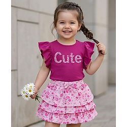Babyhug Single Jersey Knit Frill Sleeves Top & Skirt Set with Floral Print - Dark Pink