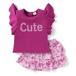 Babyhug Single Jersey Knit Frill Sleeves Top & Skirt Set with Floral Print - Dark Pink