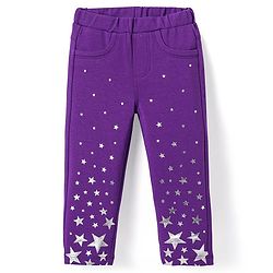 Babyhug Cotton Lycra Knit Full Length Jeggings with Star Foil Print - Purple