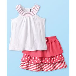 Babyhug Single Jersey Knit Sleeveless Top & Skirt Set with Polka Dots Print - Red & White