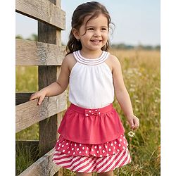 Babyhug Single Jersey Knit Sleeveless Top & Skirt Set with Polka Dots Print - Red & White