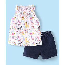 Babyhug Single Jersey Knit Sleeveless Halter Neck Top & Shorts Set with Jungle Theme Print - White & Navy Blue