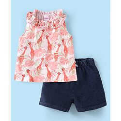 Babyhug Single Jersey Knit Sleeveless Halter Neck Top & Shorts Set with Jungle Theme Print - White & Navy Blue