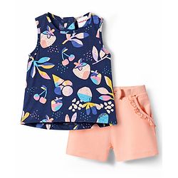Babyhug Single Jersey Knit Sleeveless T-Shirt & Shorts Set with Tropical Theme Print - Navy Blue & Pink