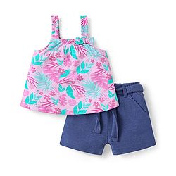 Babyhug Single Jersey Knit Singlet Sleeves Top & Shorts Set with Tropical Theme Print & Bow Applique - Blue