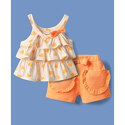 Babyhug Single Jersey Knit Singlet Sleeves Top & Shorts Set With Heart Print & Bow Applique - Orange