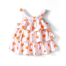 Babyhug 100% Cotton Single Jersey Knit Singlet Sleeves Top & Shorts Set With Heart Print & Bow Applique - Orange