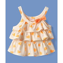 Babyhug Single Jersey Knit Singlet Sleeves Top & Shorts Set With Heart Print & Bow Applique - Orange