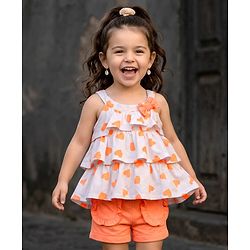 Babyhug 100% Cotton Single Jersey Knit Singlet Sleeves Top & Shorts Set With Heart Print & Bow Applique - Orange