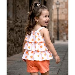 Babyhug 100% Cotton Single Jersey Knit Singlet Sleeves Top & Shorts Set With Heart Print & Bow Applique - Orange