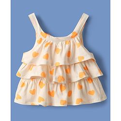 Babyhug Single Jersey Knit Singlet Sleeves Top & Shorts Set With Heart Print & Bow Applique - Orange