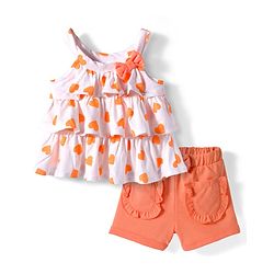 Babyhug 100% Cotton Single Jersey Knit Singlet Sleeves Top & Shorts Set With Heart Print & Bow Applique - Orange