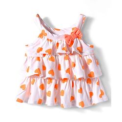 Babyhug 100% Cotton Single Jersey Knit Singlet Sleeves Top & Shorts Set With Heart Print & Bow Applique - Orange