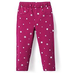 Babyhug Cotton Lycra Knit Full Length Jeggings with Star Foil Print - Red