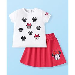Babyhug Disney Single Jersey Knit Half Sleeves T-Shirt & Skirt Set with Minnie Mouse Graphics - White & Red