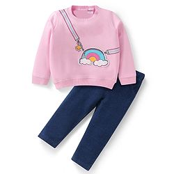 Babyhug Terry Knit Full Sleeves Sweatshirt & Jegging Set with Rainbow Patch - Pink & Navy Blue