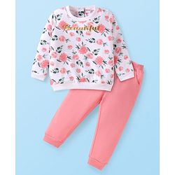 Babyhug Single Jersey Knit Full Sleeves Floral Printed T-Shirt & Lounge Pant Set Glitter Text Print - Pink & White