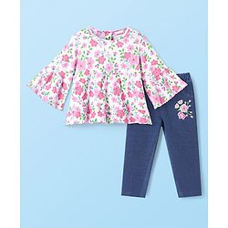 Babyhug Single Jersey Knit Full Bell Sleeves Top & Jeans Set With Floral Print & Embroidery - White & Navy Blue