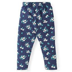 Babyhug 100% Cotton Single Jersey Knit Frill Sleeves Striped Front Open Top & Pant Set with Floral Print & Embroidery - Navy Blue