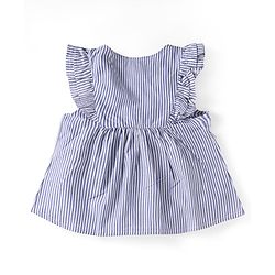 Babyhug 100% Cotton Single Jersey Knit Frill Sleeves Striped Front Open Top & Pant Set with Floral Print & Embroidery - Navy Blue
