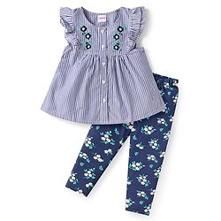 Babyhug Single Jersey Knit Frill Sleeves Striped Front Open Top & Pant Set with Floral Print & Embroidery - Navy Blue