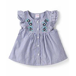 Babyhug Single Jersey Knit Frill Sleeves Striped Front Open Top & Pant Set with Floral Print & Embroidery - Navy Blue