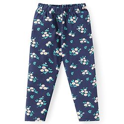 Babyhug Single Jersey Knit Frill Sleeves Striped Front Open Top & Pant Set with Floral Print & Embroidery - Navy Blue