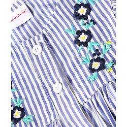 Babyhug Single Jersey Knit Frill Sleeves Striped Front Open Top & Pant Set with Floral Print & Embroidery - Navy Blue
