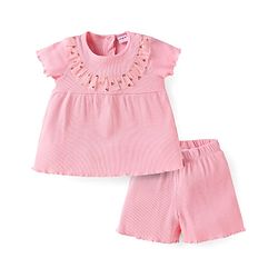 Babyhug Single Jersey Knit Half Sleeves Textured Top & Shorts with Frill Detailing - Pink